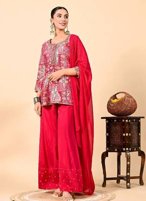 Reddish pink sharara set with peplum on kurta and thread work 3