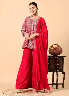 Reddish pink sharara set with peplum on kurta and thread work 4
