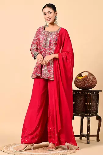 Reddish pink sharara set with peplum on kurta and thread work