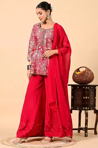 Reddish pink sharara set with peplum on kurta and thread work
