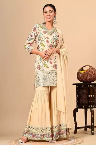 Golden cream sharara set with gotta thread and sequins work