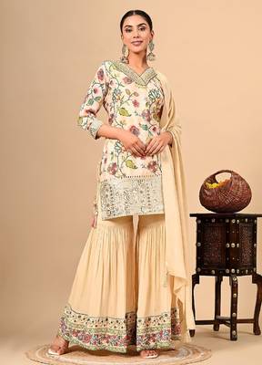 Golden cream sharara set with gotta thread and sequins work 1