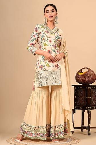 Golden cream sharara set with gotta thread and sequins work