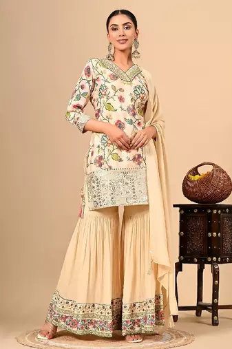 Golden cream sharara set with gotta thread and sequins work