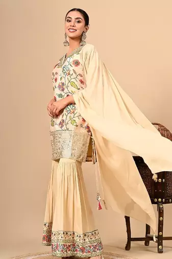 Golden cream sharara set with gotta thread and sequins work