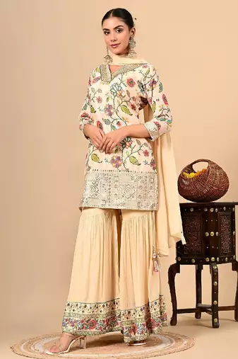 Golden cream sharara set with gotta thread and sequins work