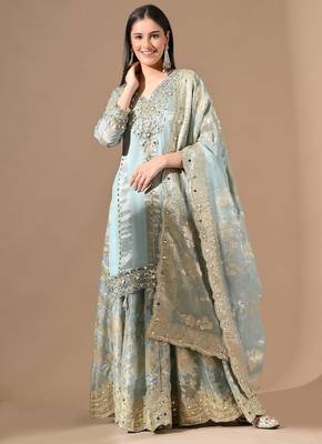 Fascinatingblue sharara set with gotta & mirror work 1
