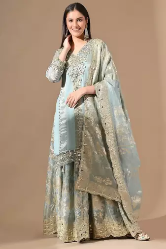Fascinatingblue sharara set with gotta & mirror work