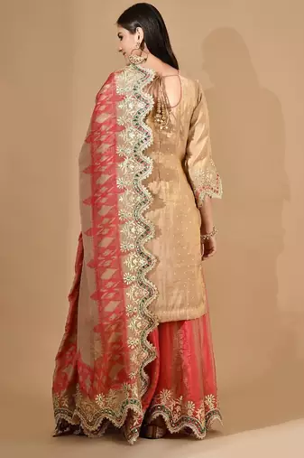 Golden & pink sharara set with zardozi & mirror work