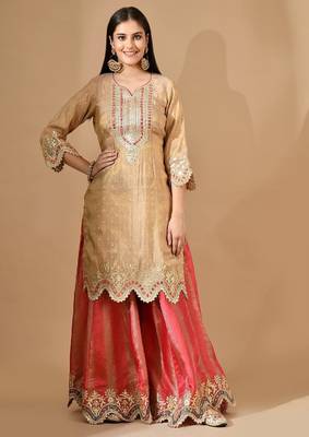 Golden & pink sharara set with zardozi & mirror work 1
