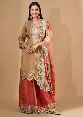 Golden & pink sharara set with zardozi & mirror work 3