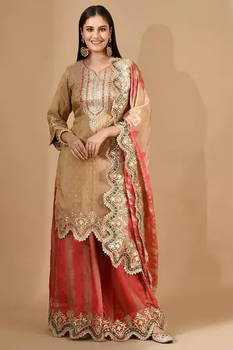 Golden & pink sharara set with zardozi & mirror work