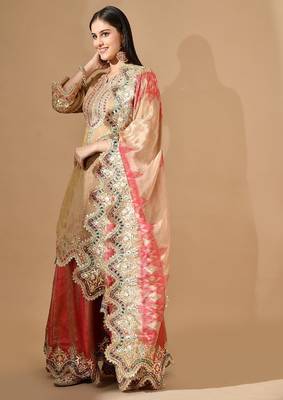 Golden & pink sharara set with zardozi & mirror work 4