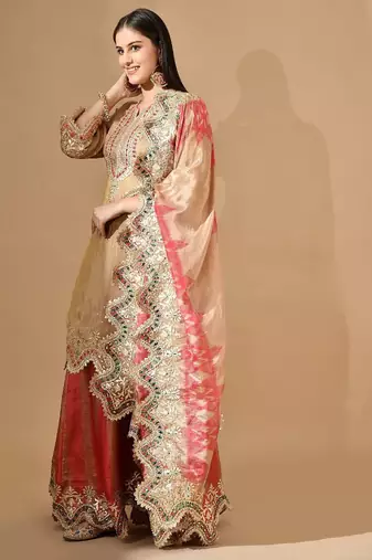 Golden & pink sharara set with zardozi & mirror work