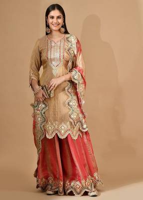 Golden & pink sharara set with zardozi & mirror work 5