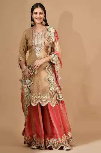 Golden & pink sharara set with zardozi & mirror work