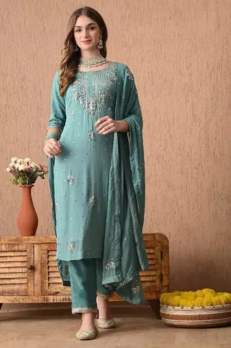 Enchanting blueish grey kurta set with mukaish work