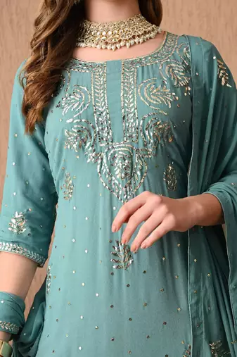Enchanting blueish grey kurta set with mukaish work