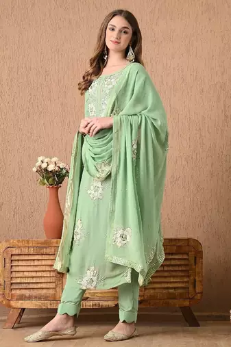 light green kurta set with mukaish pearl zardozi and sequins work
