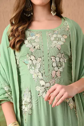 light green kurta set with mukaish pearl zardozi and sequins work