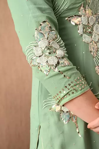 light green kurta set with mukaish pearl zardozi and sequins work