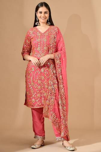 pink chiffon kurta set with gotta work
