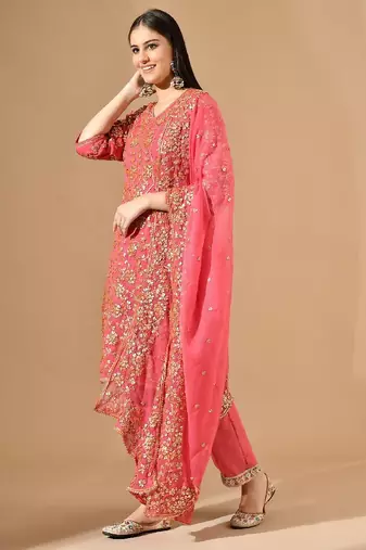 pink chiffon kurta set with gotta work