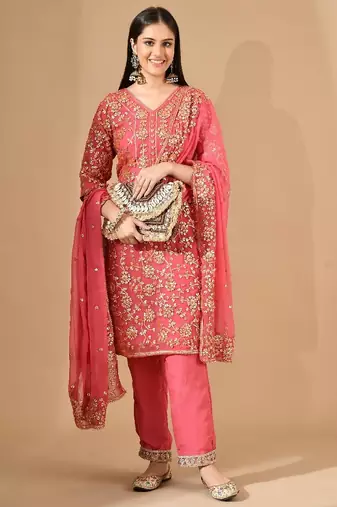 pink chiffon kurta set with gotta work
