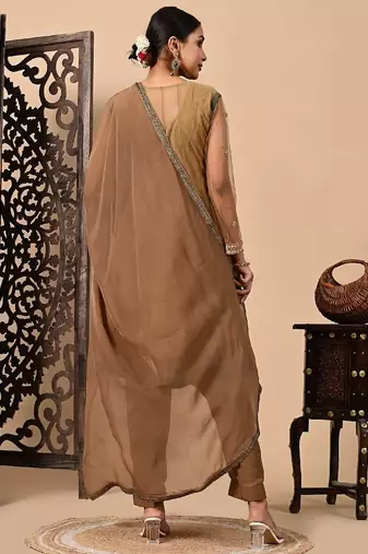 Greenish brown kurta set with zardozi dabka sequins and pearl work