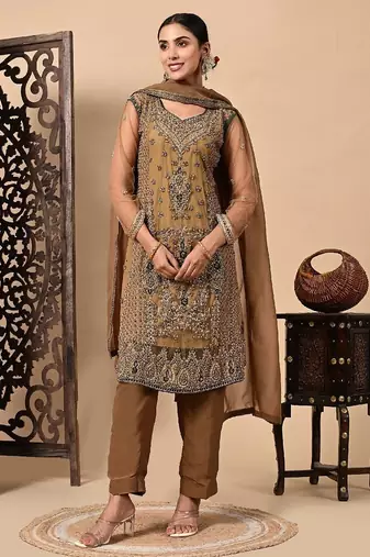 Greenish brown kurta set with zardozi dabka sequins and pearl work