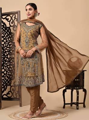 Greenish brown kurta set with zardozi dabka sequins and pearl work 4