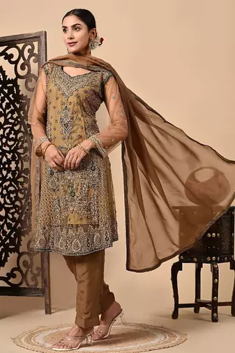 Greenish brown kurta set with zardozi dabka sequins and pearl work