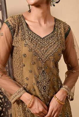 Greenish brown kurta set with zardozi dabka sequins and pearl work 1