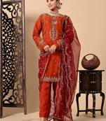 Lush orange maroon kurta set with thread pearl and zardozi work