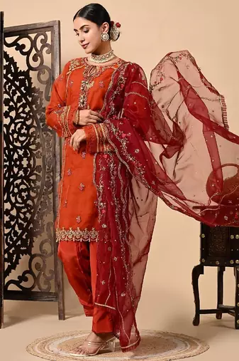 Lush orange maroon kurta set with thread pearl and zardozi work