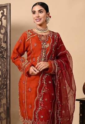 Lush orange maroon kurta set with thread pearl and zardozi work 5