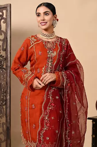 Lush orange maroon kurta set with thread pearl and zardozi work