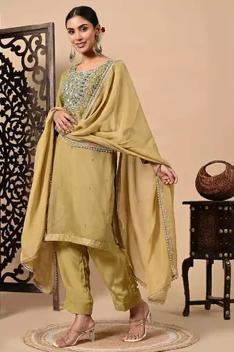 Mehndi green kurta set with  zardozi dabka and sequins work