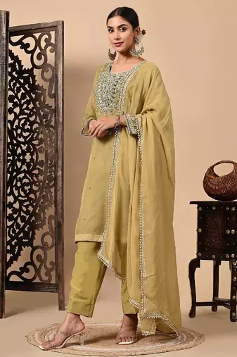 Mehndi green kurta set with  zardozi dabka and sequins work