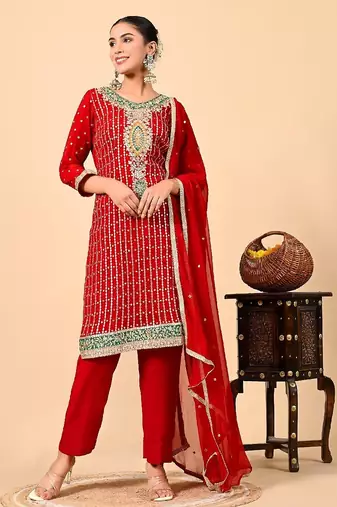 Red kurta set with gotta applique zardozi and sequins work