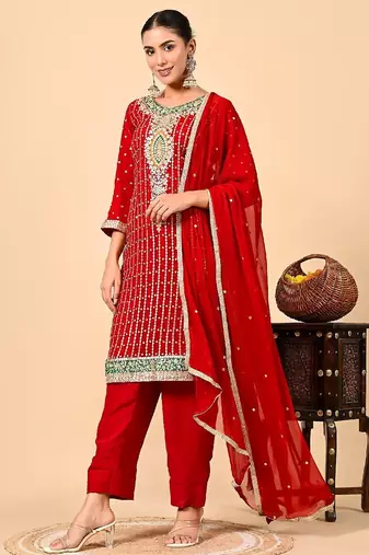 Red kurta set with gotta applique zardozi and sequins work