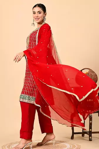 Red kurta set with gotta applique zardozi and sequins work