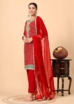 Red kurta set with gotta applique zardozi and sequins work 5