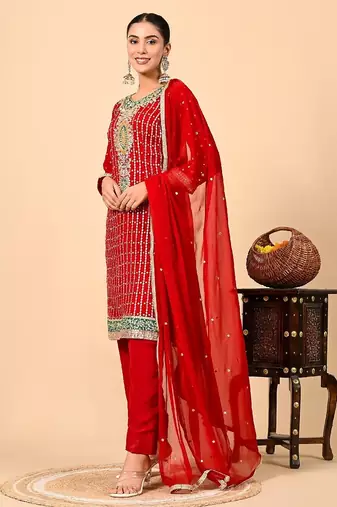 Red kurta set with gotta applique zardozi and sequins work