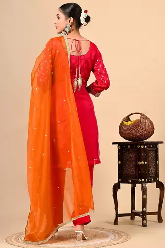  reddish orange kurta set with gotta thread zardozi and dabka work