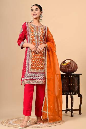  reddish orange kurta set with gotta thread zardozi and dabka work