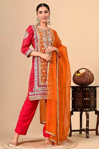 reddish orange kurta set with gotta thread zardozi and dabka work