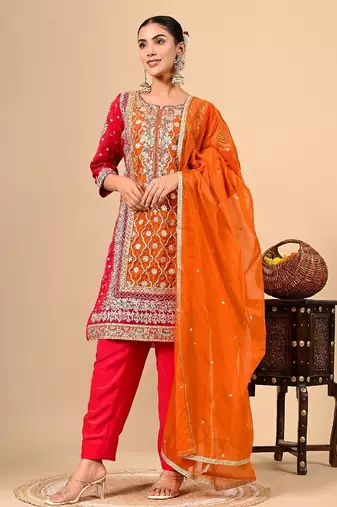  reddish orange kurta set with gotta thread zardozi and dabka work