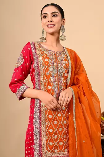  reddish orange kurta set with gotta thread zardozi and dabka work