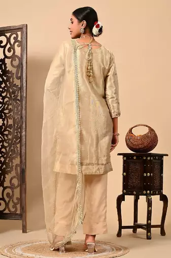 Golden kurta set with zardozi dabka pearl and organza applique work